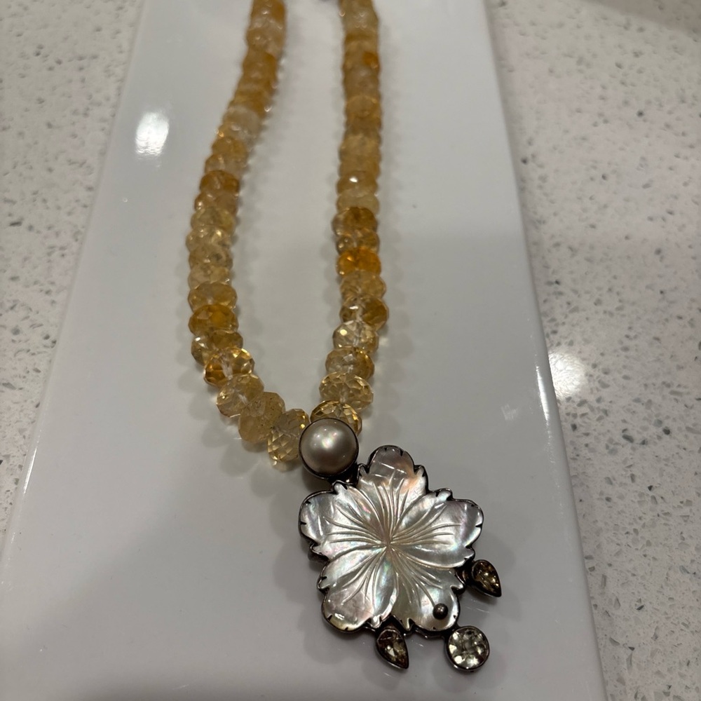 Sterling silver with lemon citrine necklace, mother of pearl pendant. Handmade
